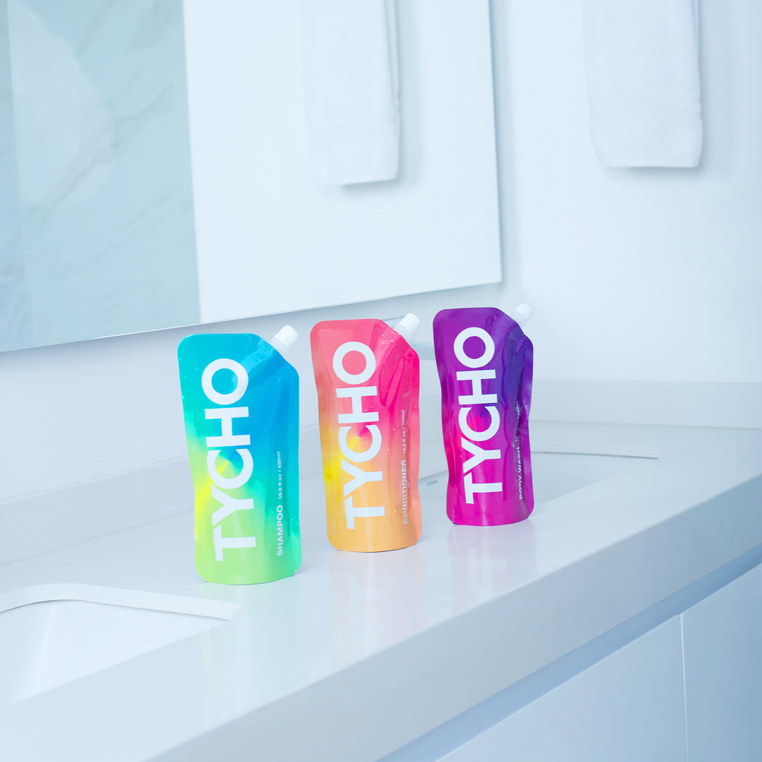TYCHO Recyclable Packaging for Bathing Products refillable pouches