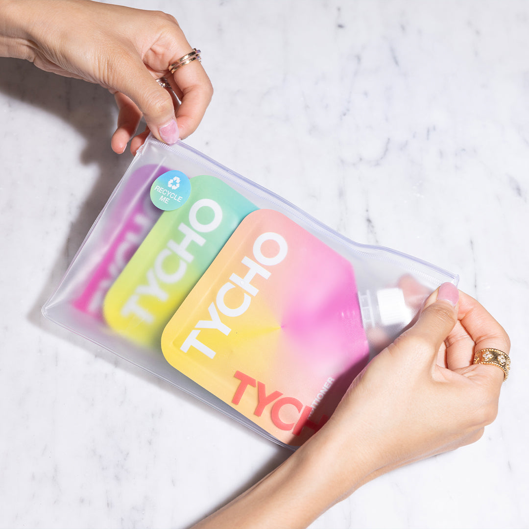 Tycho Ecofriendly travel set, shampoo, coditioner, and body wash pouches